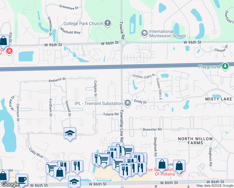 map of restaurants, bars, coffee shops, grocery stores, and more near 9225 Doubloon Road in Indianapolis
