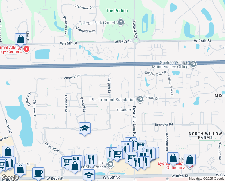 map of restaurants, bars, coffee shops, grocery stores, and more near 9209 Colgate Street in Indianapolis