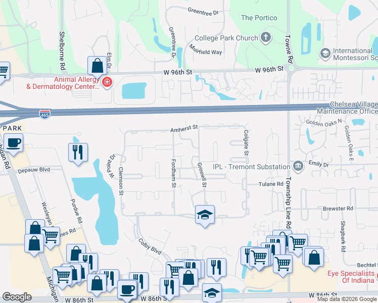 map of restaurants, bars, coffee shops, grocery stores, and more near 9222 Golden Woods Drive in Indianapolis