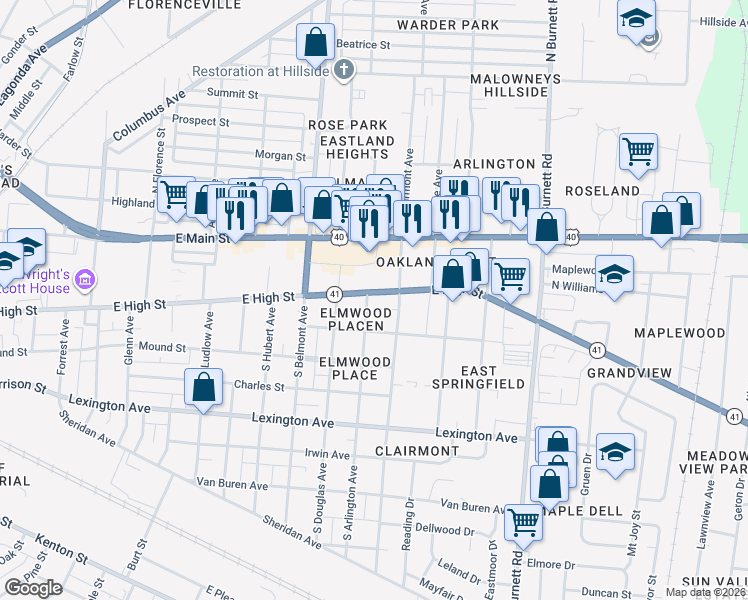 map of restaurants, bars, coffee shops, grocery stores, and more near 2201 East High Street in Springfield