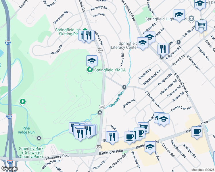 map of restaurants, bars, coffee shops, grocery stores, and more near 97 West Sproul Road in Springfield