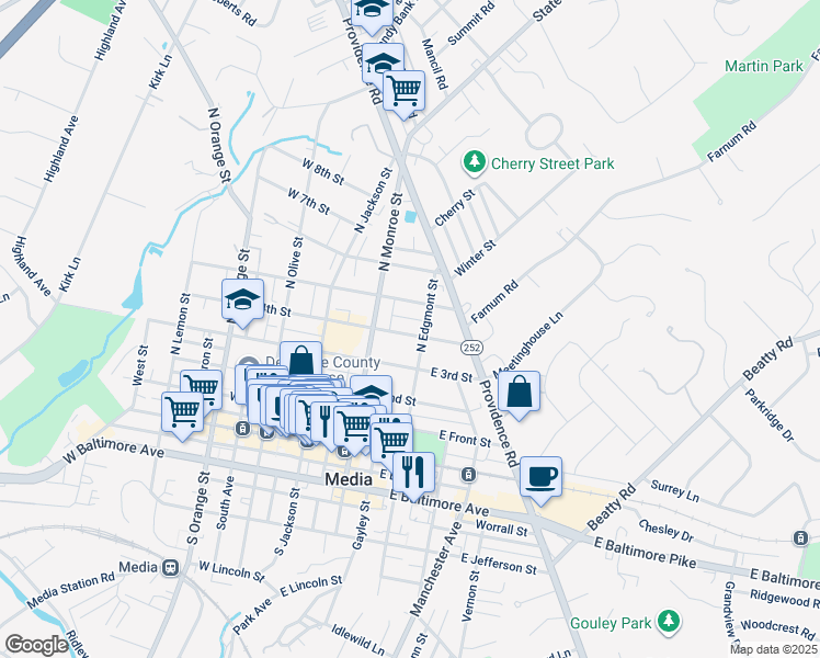 map of restaurants, bars, coffee shops, grocery stores, and more near 115 East 4th Street in Media