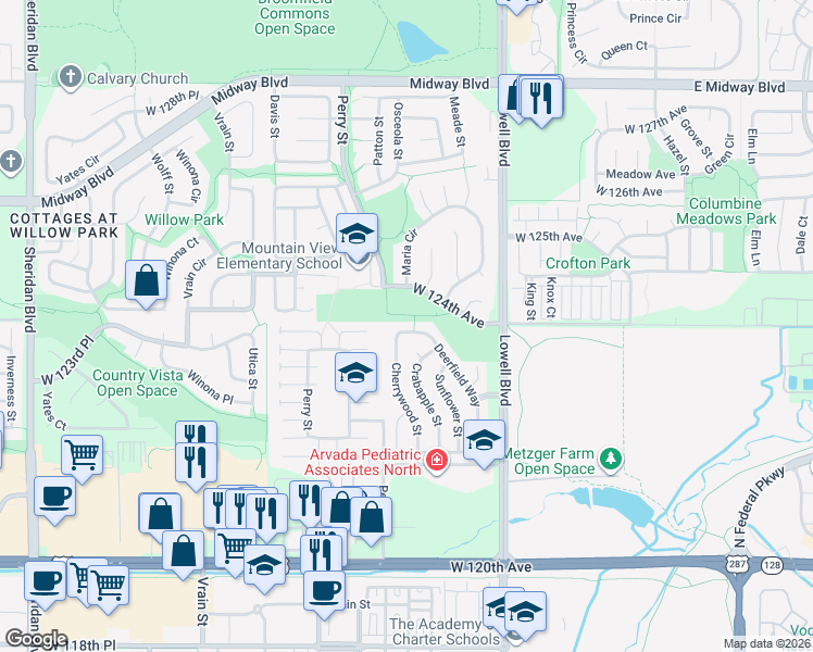 map of restaurants, bars, coffee shops, grocery stores, and more near 12309 Deerfield Way in Broomfield