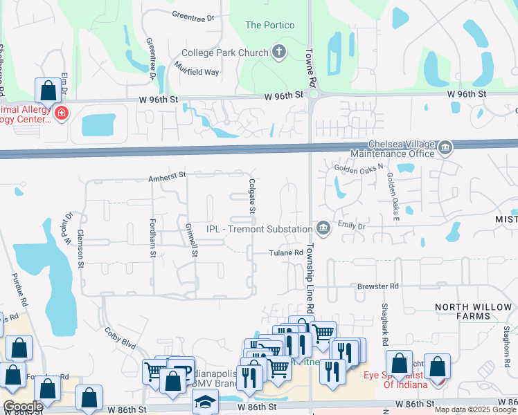 map of restaurants, bars, coffee shops, grocery stores, and more near 9209 Colgate Street in Indianapolis