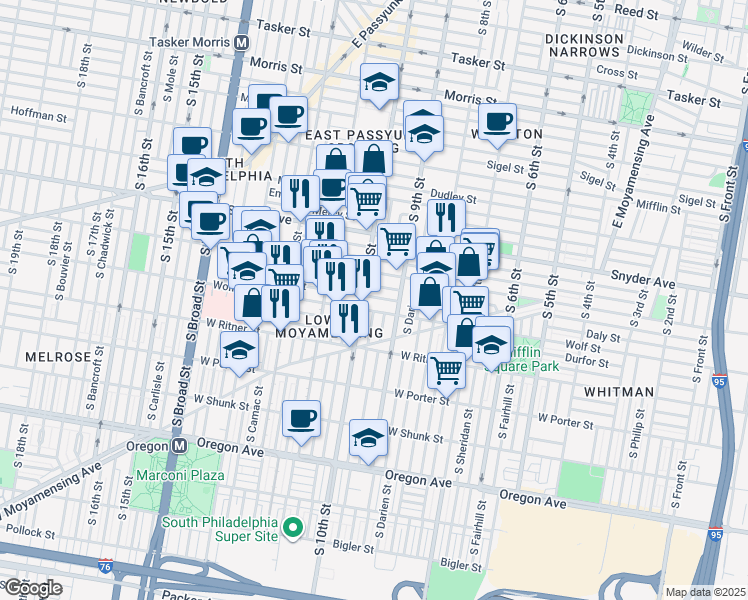 map of restaurants, bars, coffee shops, grocery stores, and more near 938 Daly Street in Philadelphia