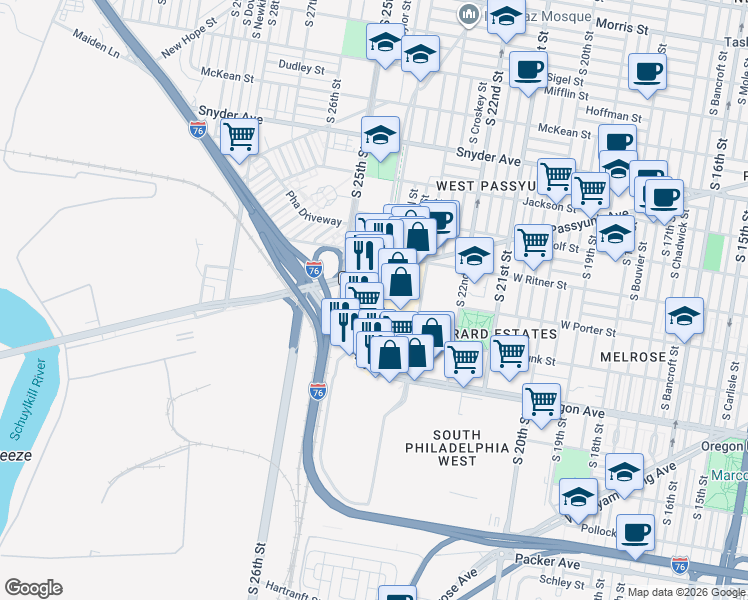 map of restaurants, bars, coffee shops, grocery stores, and more near 2518 South 24th Street in Philadelphia