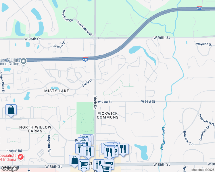 map of restaurants, bars, coffee shops, grocery stores, and more near 1314 Selkirk Lane in Indianapolis
