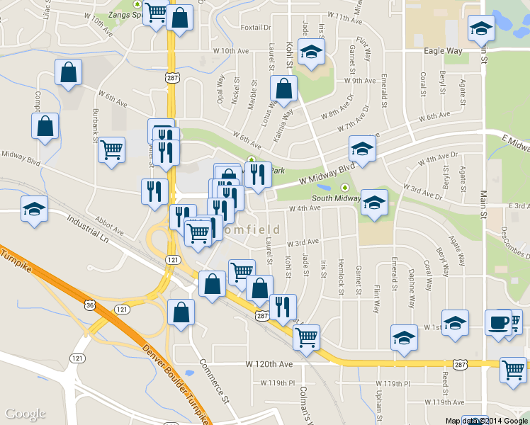 map of restaurants, bars, coffee shops, grocery stores, and more near 1302 West 4th Avenue in Broomfield