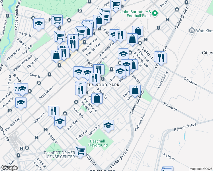 map of restaurants, bars, coffee shops, grocery stores, and more near 6509 Theodore Street in Philadelphia