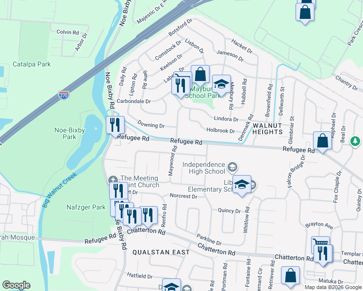 map of restaurants, bars, coffee shops, grocery stores, and more near 2752 Maywood Road in Columbus