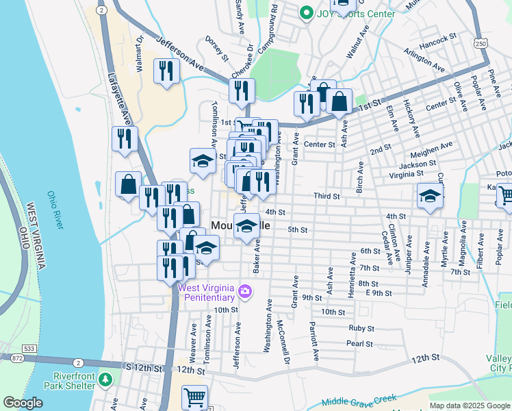 map of restaurants, bars, coffee shops, grocery stores, and more near 313 Baker Ave in Moundsville