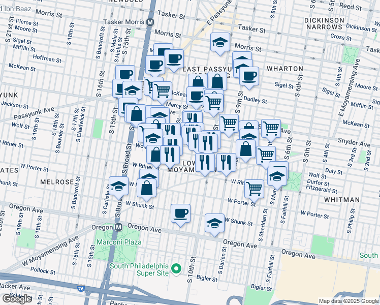 map of restaurants, bars, coffee shops, grocery stores, and more near 2240 South 11th Street in Philadelphia