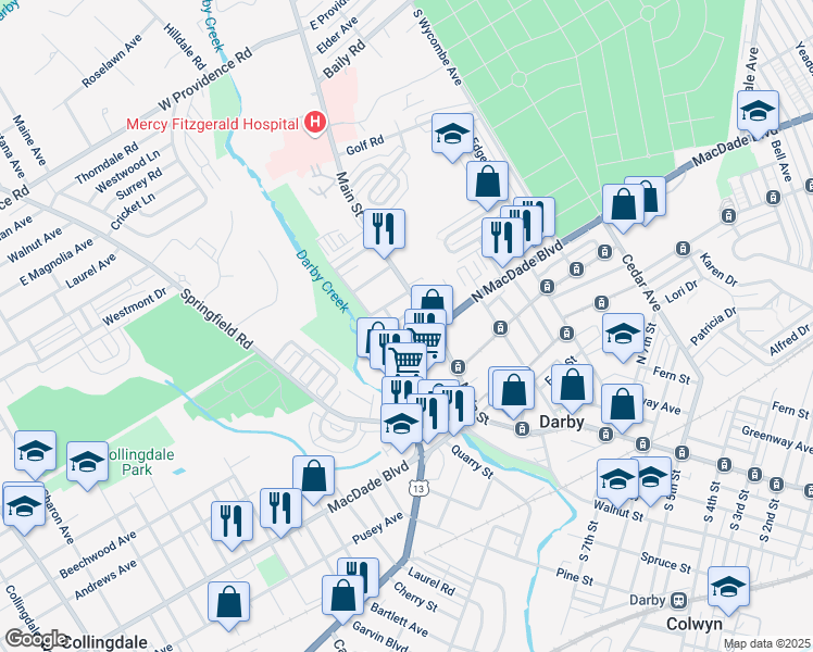 map of restaurants, bars, coffee shops, grocery stores, and more near 1112 Chestnut Street in Darby