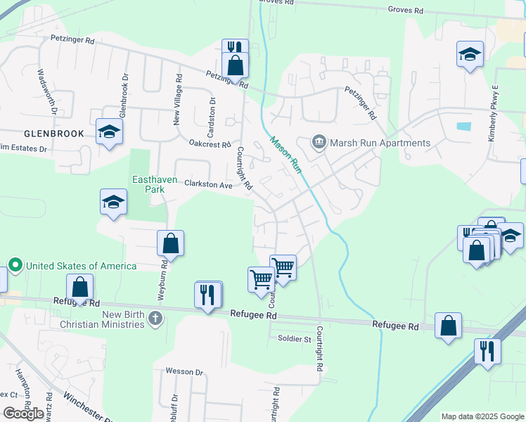 map of restaurants, bars, coffee shops, grocery stores, and more near 2537 Courtright Road in Columbus