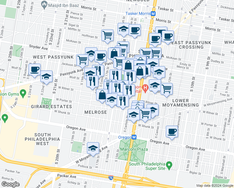map of restaurants, bars, coffee shops, grocery stores, and more near 2341 South 16th Street in Philadelphia