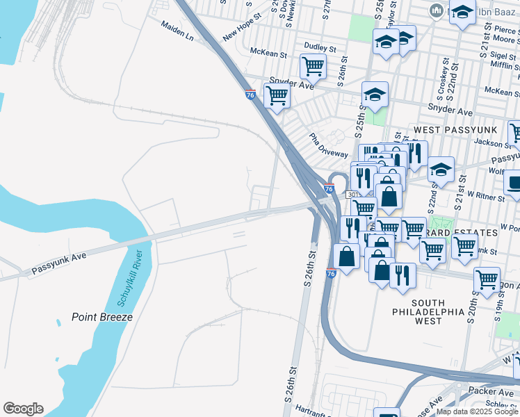 map of restaurants, bars, coffee shops, grocery stores, and more near 2521 South Newkirk Street in Philadelphia
