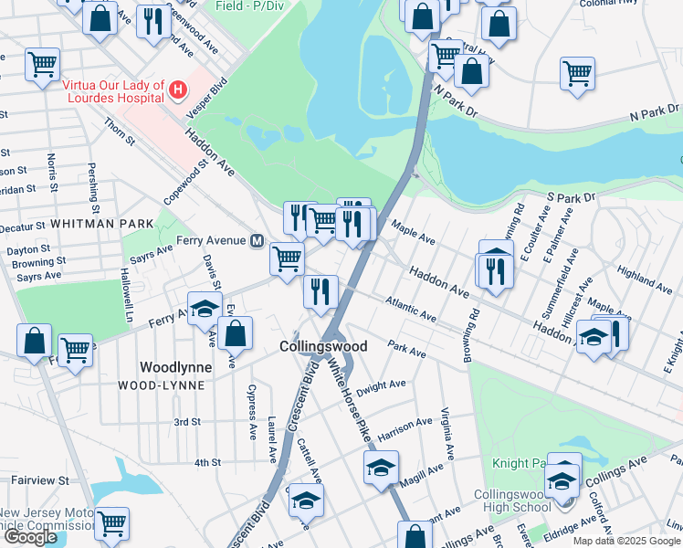 map of restaurants, bars, coffee shops, grocery stores, and more near 51 Bellevue Terrace in Collingswood