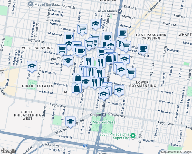 map of restaurants, bars, coffee shops, grocery stores, and more near 2335 South Hicks Street in Philadelphia