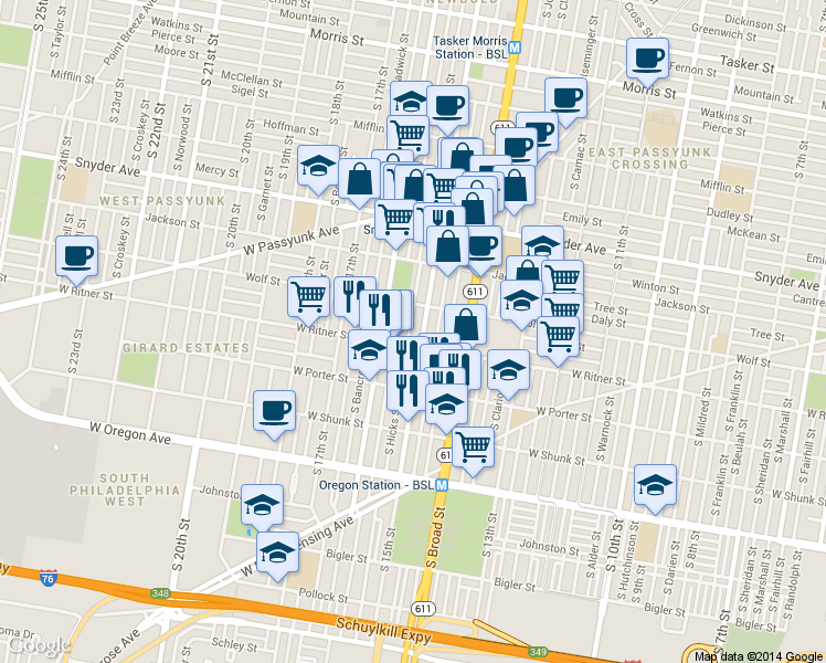 map of restaurants, bars, coffee shops, grocery stores, and more near 2335 South Hicks Street in Philadelphia