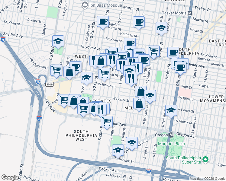 map of restaurants, bars, coffee shops, grocery stores, and more near 2439 South 20th Street in Philadelphia