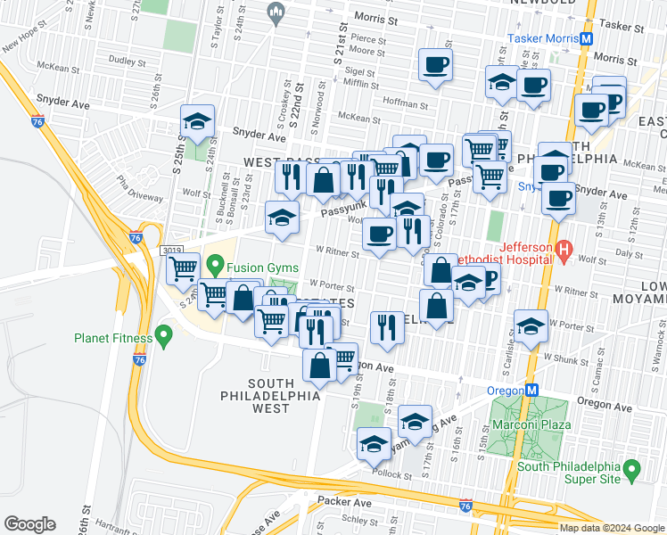 map of restaurants, bars, coffee shops, grocery stores, and more near 2427 South Woodstock Street in Philadelphia
