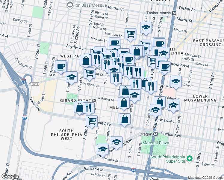 map of restaurants, bars, coffee shops, grocery stores, and more near in Philadelphia