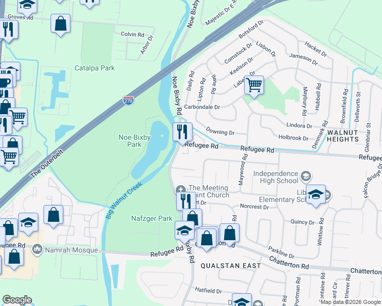 map of restaurants, bars, coffee shops, grocery stores, and more near 2730 Brandy Drive in Columbus