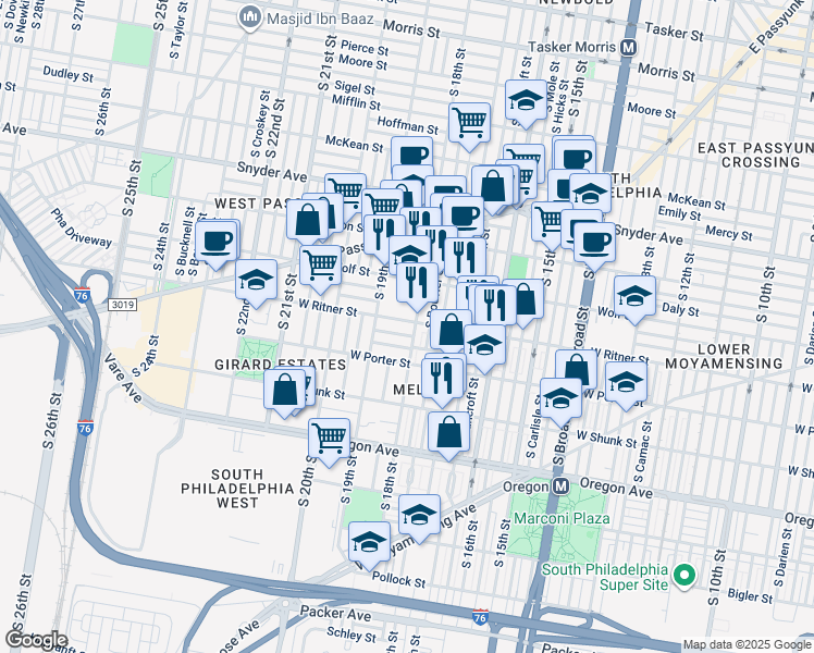 map of restaurants, bars, coffee shops, grocery stores, and more near 1826 West Ritner Street in Philadelphia
