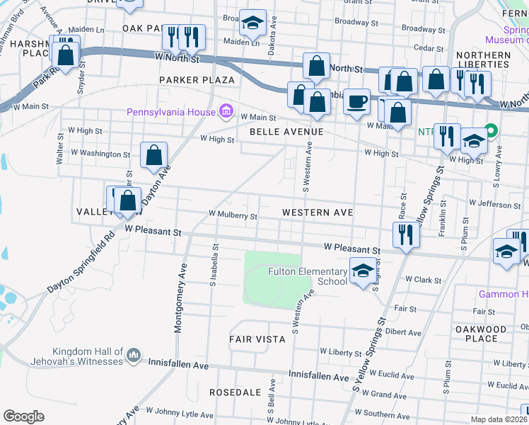 map of restaurants, bars, coffee shops, grocery stores, and more near 1127 West Mulberry Street in Springfield