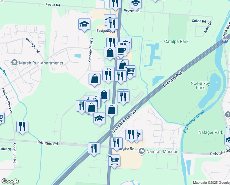 map of restaurants, bars, coffee shops, grocery stores, and more near 2800 South Hamilton Road in Columbus