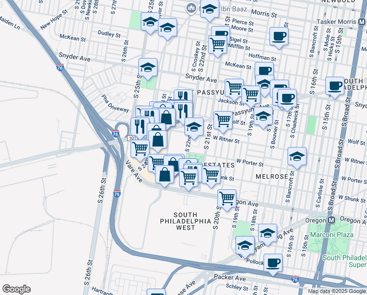 map of restaurants, bars, coffee shops, grocery stores, and more near 2422 South 22nd Street in Philadelphia