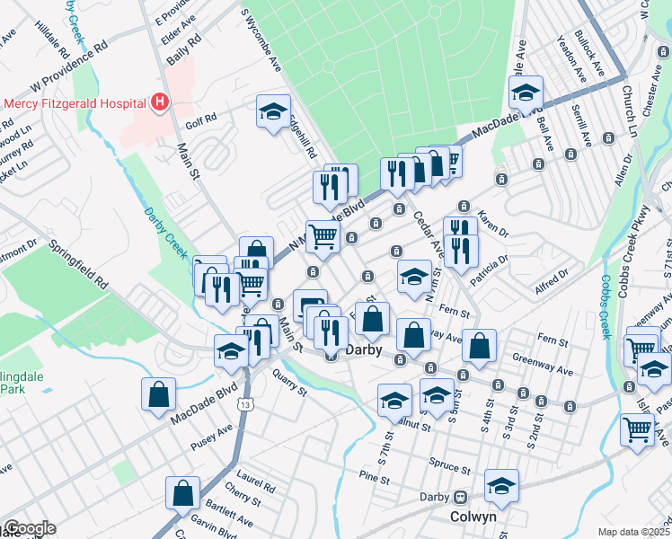 map of restaurants, bars, coffee shops, grocery stores, and more near 927 Forrester Avenue in Darby
