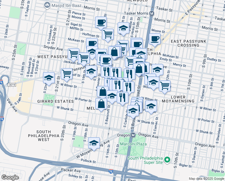 map of restaurants, bars, coffee shops, grocery stores, and more near 2345 South Bancroft Street in Philadelphia