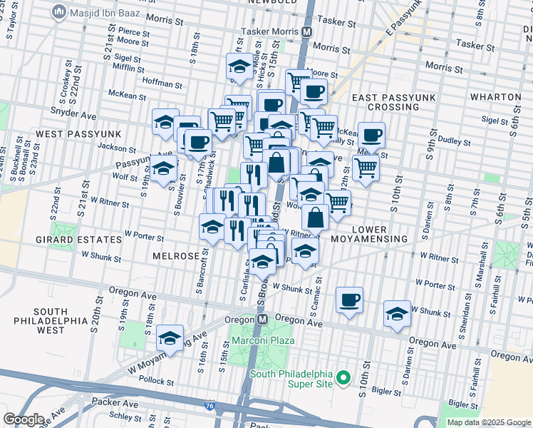 map of restaurants, bars, coffee shops, grocery stores, and more near 2323 South Rosewood Street in Philadelphia