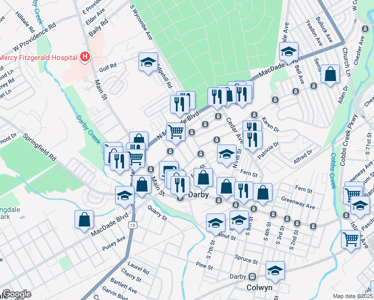 map of restaurants, bars, coffee shops, grocery stores, and more near 918 Maple Terrace in Darby
