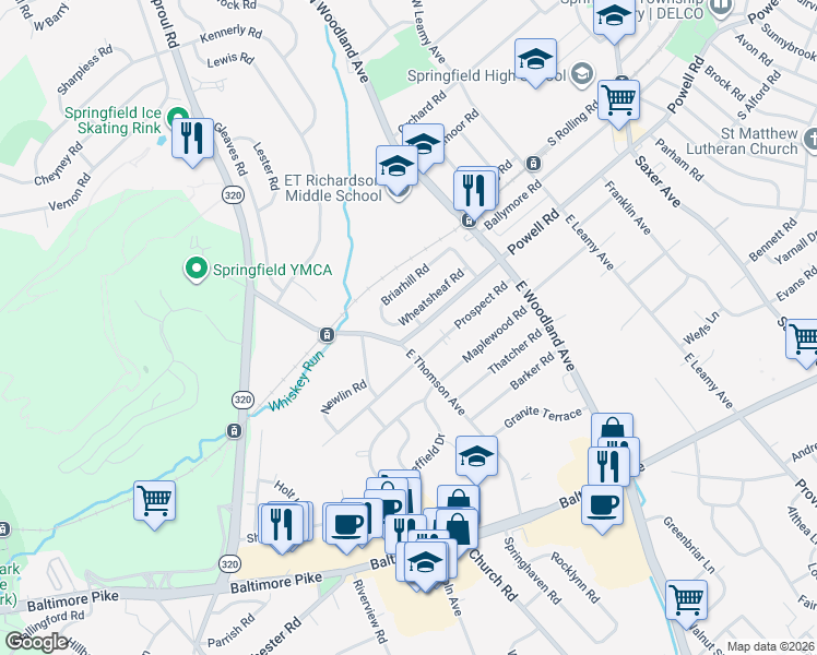 map of restaurants, bars, coffee shops, grocery stores, and more near 201 East Thomson Avenue in Springfield