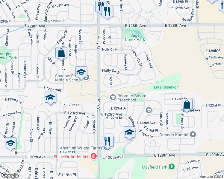 map of restaurants, bars, coffee shops, grocery stores, and more near 12474 Kearney Circle in Thornton