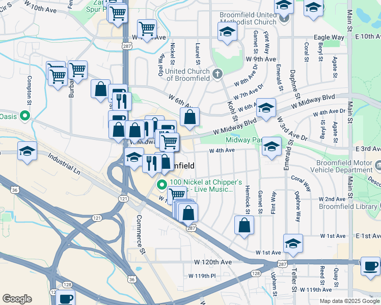 map of restaurants, bars, coffee shops, grocery stores, and more near 1302 West 4th Avenue in Broomfield