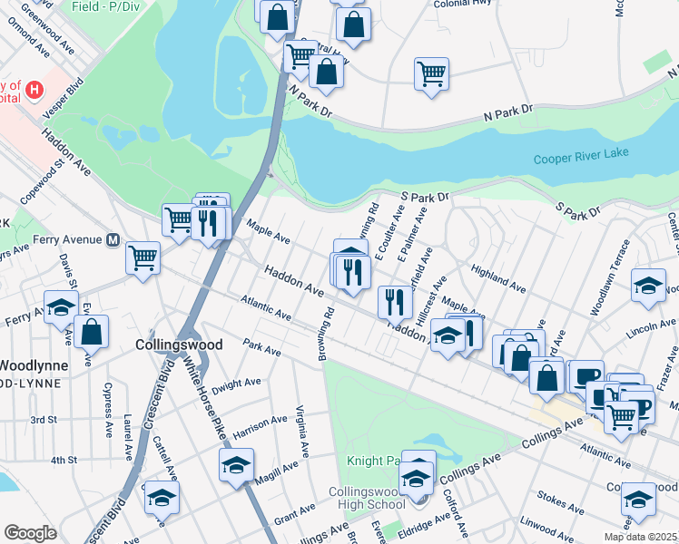 map of restaurants, bars, coffee shops, grocery stores, and more near 19 East Browning Road in Collingswood