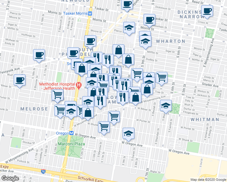 map of restaurants, bars, coffee shops, grocery stores, and more near in Philadelphia