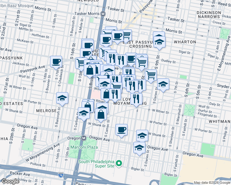 map of restaurants, bars, coffee shops, grocery stores, and more near 2313 South 12th Street in Philadelphia