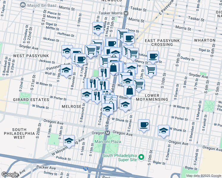 map of restaurants, bars, coffee shops, grocery stores, and more near in Philadelphia