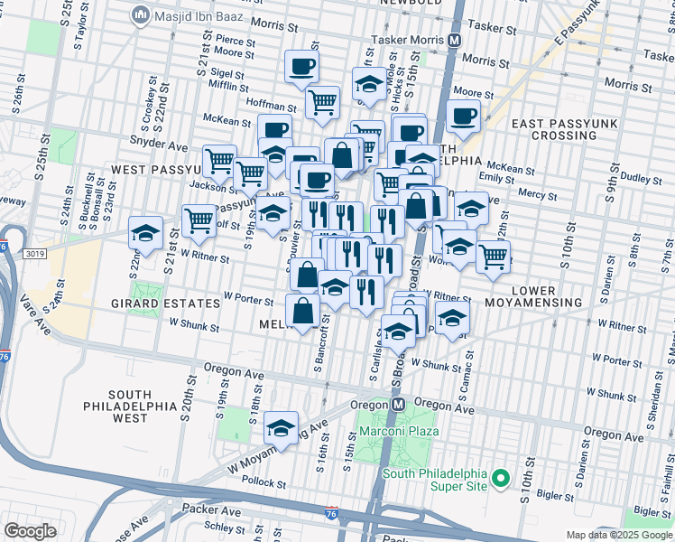 map of restaurants, bars, coffee shops, grocery stores, and more near 2345 South Bancroft Street in Philadelphia