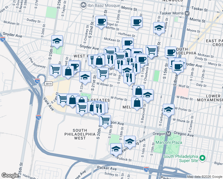 map of restaurants, bars, coffee shops, grocery stores, and more near 2439 South 20th Street in Philadelphia