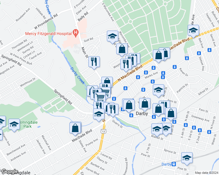 map of restaurants, bars, coffee shops, grocery stores, and more near 1026 Main Street in Darby