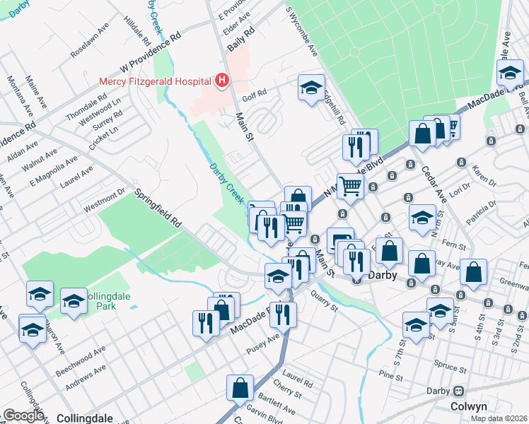 map of restaurants, bars, coffee shops, grocery stores, and more near 1112 Chestnut Street in Darby