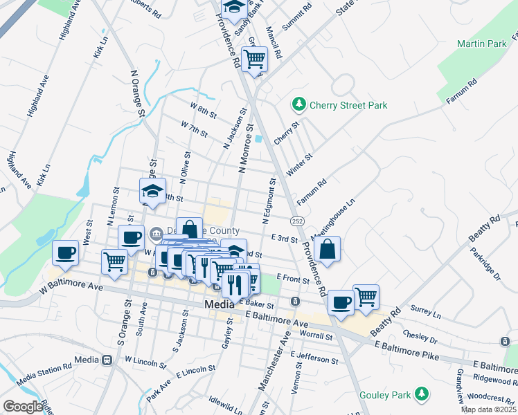 map of restaurants, bars, coffee shops, grocery stores, and more near 115 East 4th Street in Media