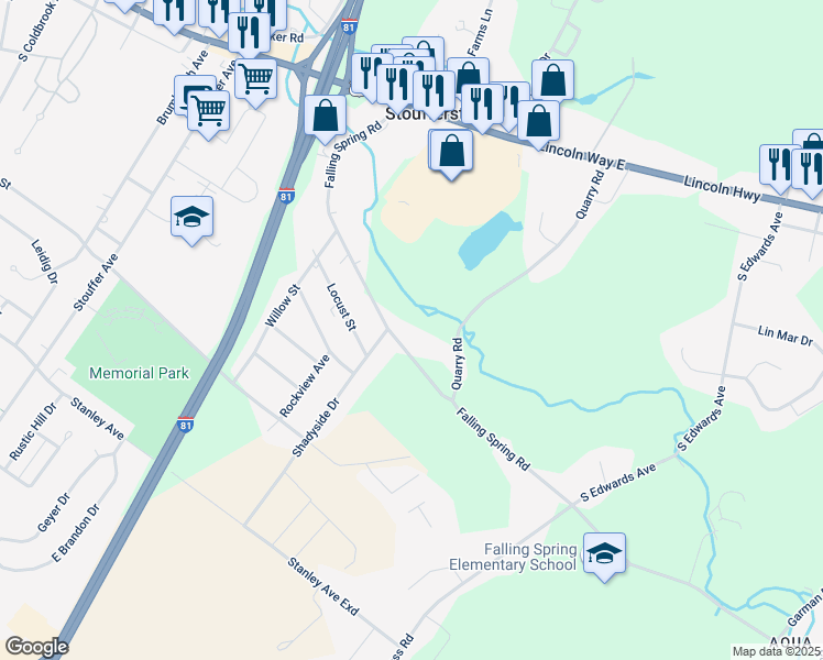 map of restaurants, bars, coffee shops, grocery stores, and more near 539 Falling Spring Road in Chambersburg