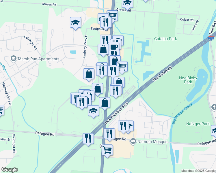 map of restaurants, bars, coffee shops, grocery stores, and more near 2810 South Hamilton Road in Columbus