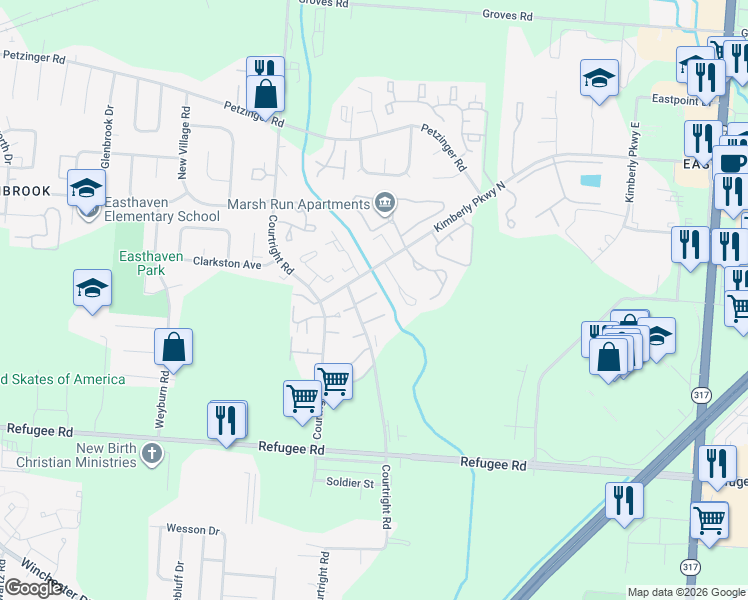 map of restaurants, bars, coffee shops, grocery stores, and more near 3830 Lamarque Court in Columbus
